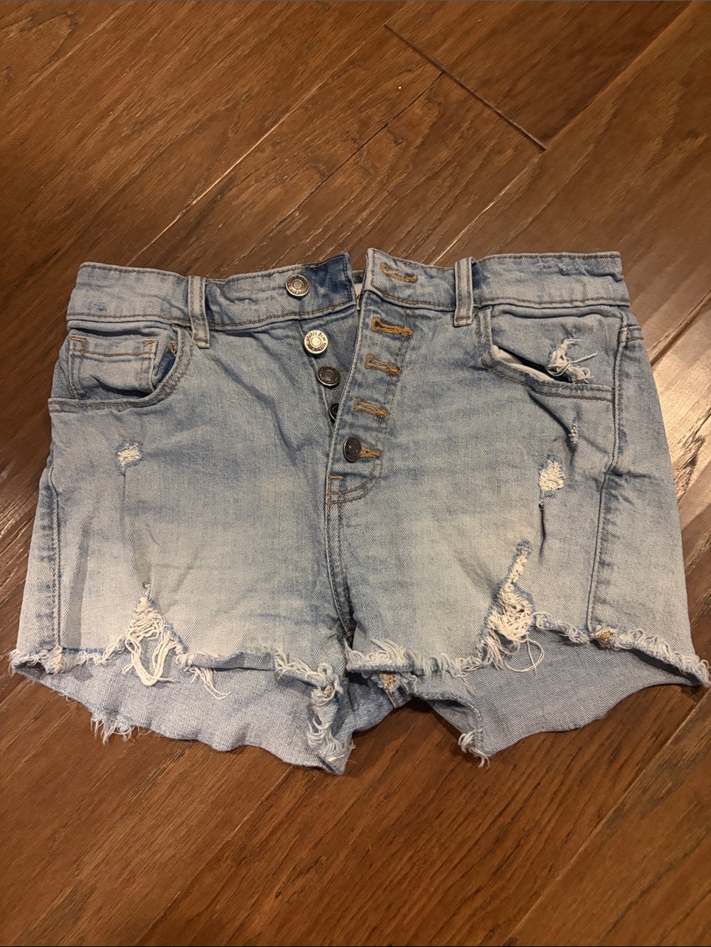 Distressed Light Blue Denim Jean Shorts with Button Fly
